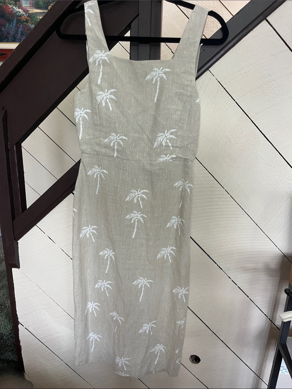 Saks Fifth Avenue Black Label Beige Midi Dress with White Palm Print
